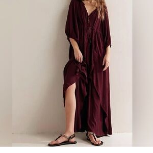 Free People Burgundy Maxi Dress with V-Neck and Drawstring